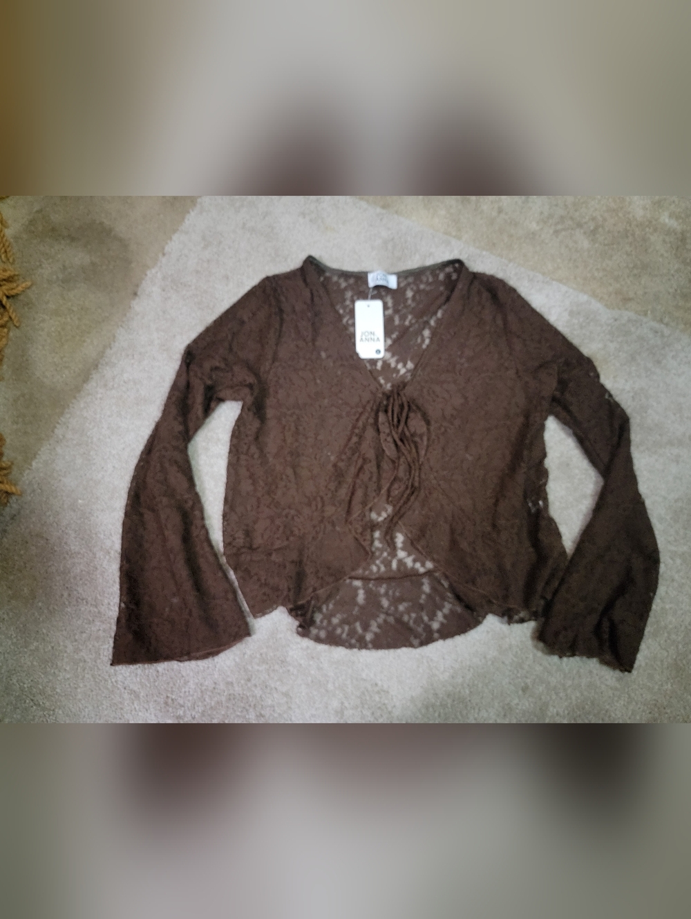 Jon & Anna Dark Brown Sheer Lace Tie-Front Top Long Sleeve Sz Large New